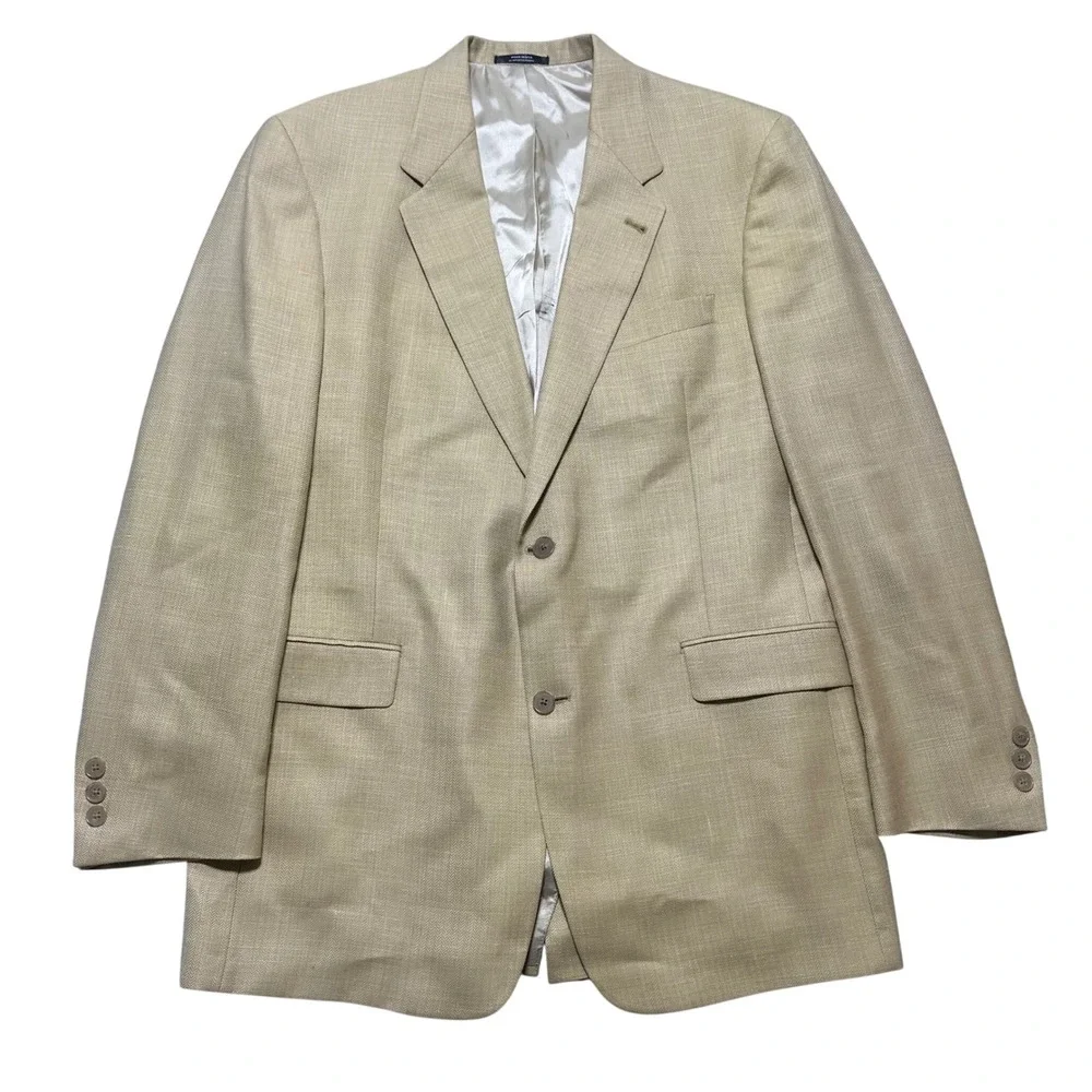 Hart Schaffner Marx Mens 44L Silk Comfort Blazer Jacket Tan Herringbone Made USA